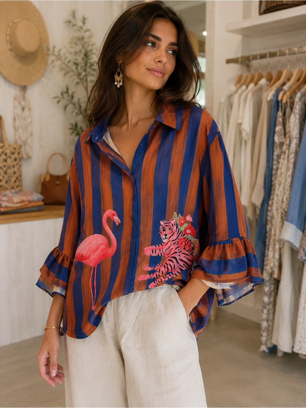 D65. From Italy 🇮🇹Striped Ruffled-Sleeve Button Shirt tiger - Picture 1 of 2